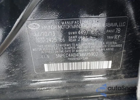 2013 Hyundai Sonata Se 2.0T из США, поврежденный, VIN 5NPEC4AB4DH775902